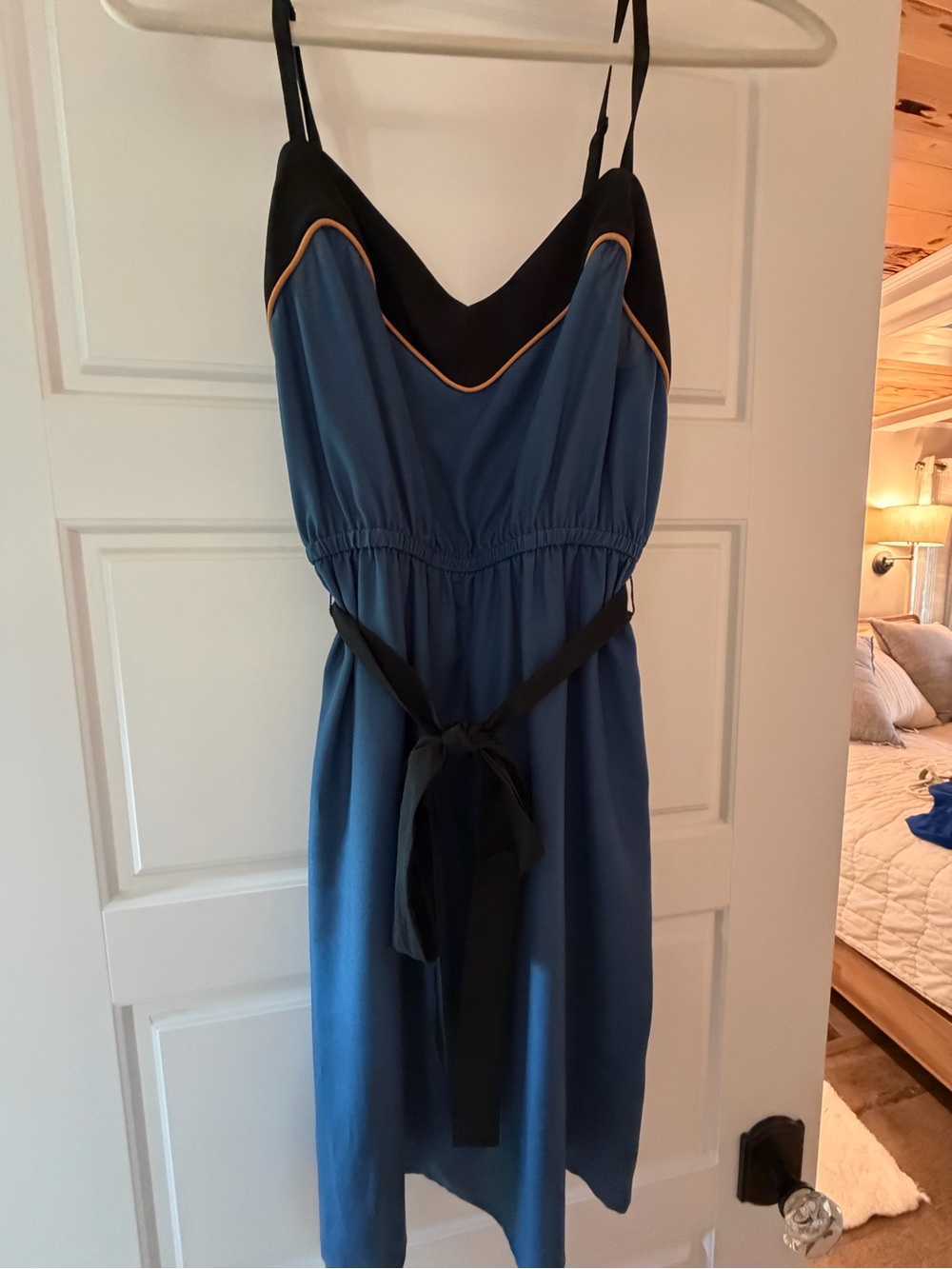 Blue Spaghetti-Strap Dress with Black Trim and Tan Piping